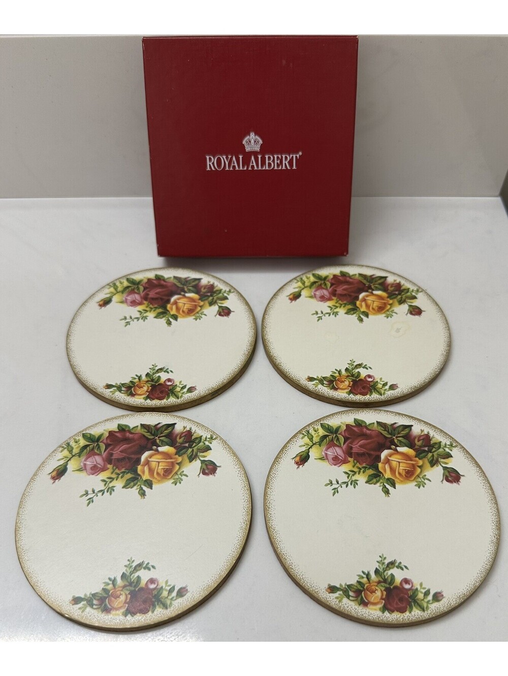 Royal Albert Old Country Roses 4 Round Cork Back Coasters with Box